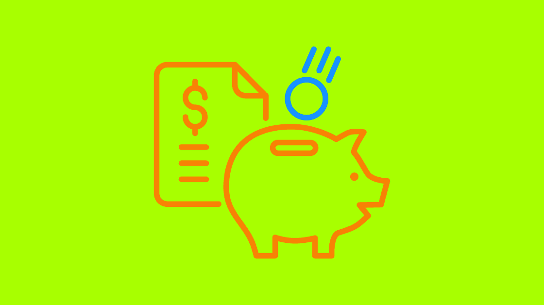 to depict the flex layer of a budget, it is an illustration of a piggy bank with a coin dropping into it. Behind the piggy bank is an icon symbolizing a budget spreadsheet.